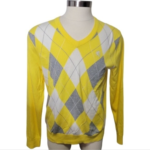 Express V neck Long Sleeves pullover  knit sweater Size L argyle yellow gray - Picture 3 of 8